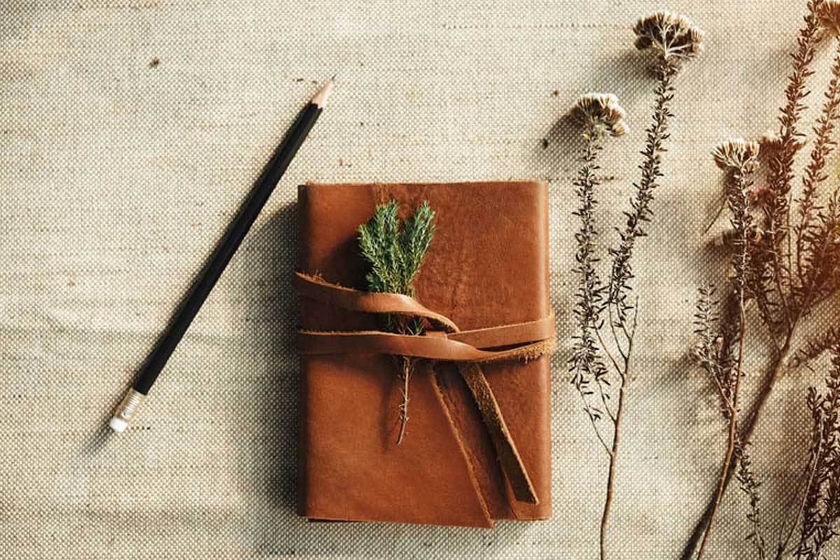 A vintage-style leather journal, ready for personal reflection, with a pencil and dried botanical elements, representing the journaling process for Divine Light's psychedelic preparation and integration program.